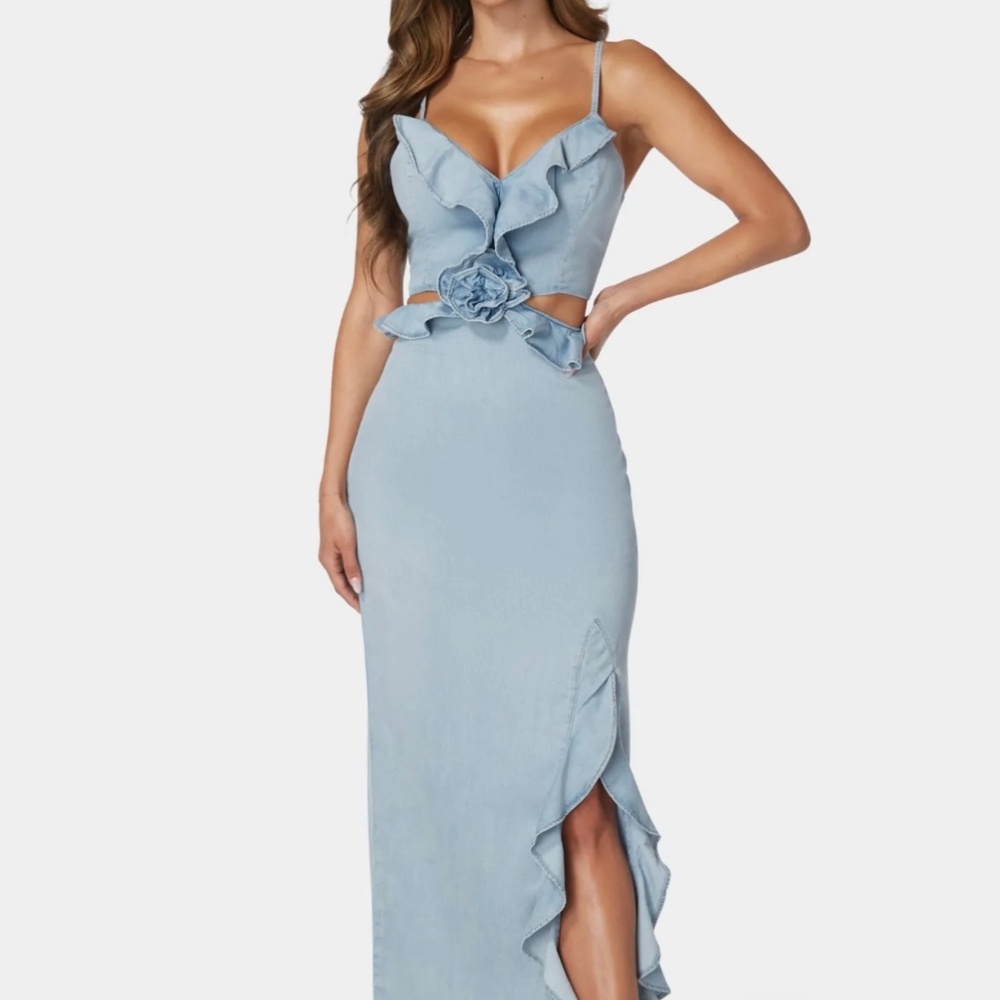 bebe Cut out Rosette denim maxi dress size 6